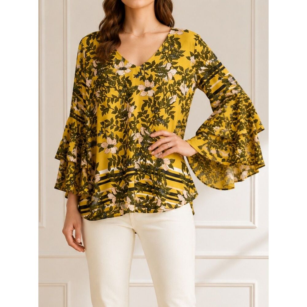 Cabi Top Trumpet Sleeve Yellow & Pink Floral Print Blouse Size Small Mod Boho